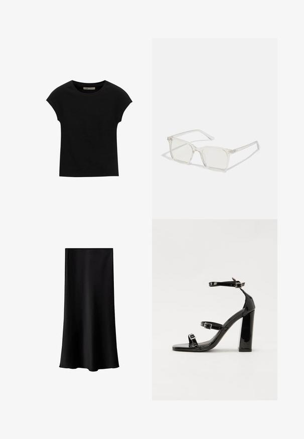 Černé tričko s krátkým rukávem vyrobené z měkké tkaniny, s kulatým výstřihem a volným střihem, s hladkým povrchem a bez vzorů.; Černá midi sukně vyrobená z hladkého, lehkého materiálu. Disponuje rovný střihem, bez viditelné kovové části a jednoduchým designem bez vzorů.; Černé lakované sandály na podpatku se čtveratou špičkou, lýtkovými pásky a stříbrnými přezkami. Disponují masivním blokovým podpatkem pro stabilitu.; Průhledné plastové brýle čtvercového rámečku s průsvitnými čočkami, které mají zlaté akcenty na spáncích pro zvýraznění detailů.