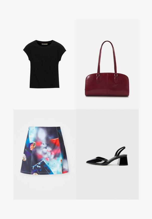 Zwarte korte mouwen t-shirt gemaakt van zachte stof, met een ronde halslijn en een ontspannen pasvorm, met een gladde textuur en zonder patronen.; Korte, veelkleurige sportrok met een levendig spetterontwerp en accenten en logo's. Gemaakt van lichte, ademende stof.; Zwarte gepatineerde leren slingback hakken met een spitse neus en een geometrische blokhak. Kenmerkt zich door een slank, minimalistisch ontwerp en een gladde textuur.; Zign LEATHER - Handtas - dark red