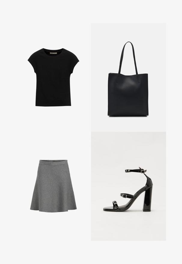 T-shirt noir à manches courtes en tissu doux, avec un col rond et une coupe décontractée, au toucher lisse et sans motifs.; Jupe grise évasée en tissu doux, dotée d'une taille lisse et d'un ourlet qui s'évase doucement, avec une texture subtile et sans motifs.; Sandales à talons vernies noires avec un bout carré, des sangles autour de la cheville et des boucles en argent. Dotées d'un talon bloc épais pour plus de stabilité.; Sac fourre-tout en cuir noir avec une texture lisse, de forme rectangulaire et deux longues poignées. Pas de matériel ou d'ornementations visibles.