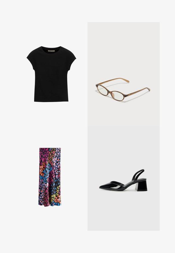 Čierne tričko s krátkym rukávom vyrobené z mäkkého materiálu, s okrúhlym výstrihom a voľným strihom, s hladkou textúrou a bez vzorov.; Next PETITE FIT - Maxisukňa - bright animal; Čierne lakované kožené sandálové podpätky s špicatou špičkou a geometrickým blokovým podpätkom. Disponujú elegantným, minimalistickým dizajnom a hladkým povrchom.; Hnedé želvovinové okuliare s oválnymi sklíčkami, tenkými ramenami a priesvitnými akcentmi. Obsahujú jemný logo na stranici. Štýlový, ľahký dizajn.