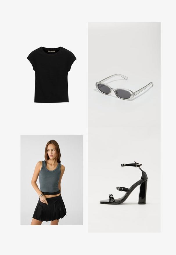 Čierne tričko s krátkym rukávom vyrobené z mäkkého materiálu, s okrúhlym výstrihom a voľným strihom, s hladkou textúrou a bez vzorov.; Sivý rebrovaný top bez rukávov s okrúhlym výstrihom a čiernym lemom, skombinovaný s čiernou mini sukňou s plisovaním a predným viazaním.; Čierne lakované sandále na podpätku so štvorcovou špičkou, navlečenými remienkami okolo členku a striebornými prackami. Disponujú masívnym blokovým podpätkom pre stabilitu.; Slnečné okuliare oválneho tvaru, s priehľadným plastovým rámom, tmavošedými šošovkami a tenkými priehľadnými ramienkami s logovými akcentmi a minimálnym detailovaním.; Čierna kožená kabelka s zaobleným tvarom, odnímateľným popruhom a zlatými doplnkami. Kabelka má klopu s detailom s prackou.