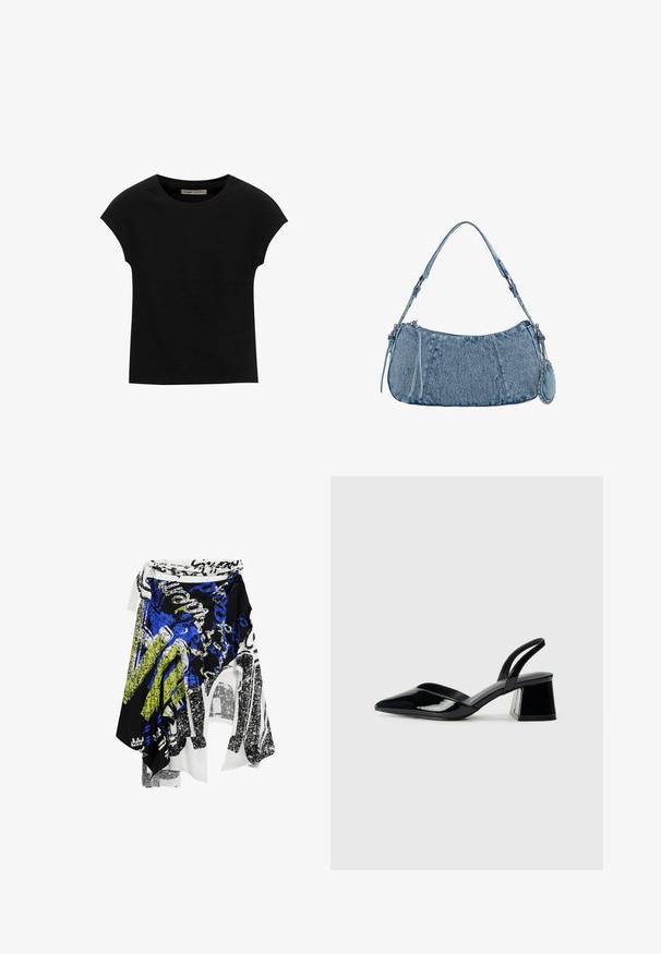 Tricou negru cu mânecă scurtă, confecționat dintr-un material moale, cu guler rotund și o croială lejeră, având o textură fină și fără modele.; Desigual ASYMMETRIC - Fustă maxi - black; Pantofi cu toc slingback din piele lacuită neagră, cu vârf ascuțit și toc geometric. Prezintă un design elegant, minimalist și o textură netedă.; Geantă din denim cu o formă curbată, de culoare albastru deschis, curea de umăr ajustabilă și un mic pouch detașabil cu accente metalice.