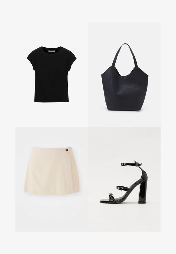 Črna kratka majica s kratkimi rokavi, narejena iz mehke tkanine, z okroglim izrezom in sproščenim krojem, z gladko teksturo in brez vzorcev.; Svetlo bež mini krilo iz mehkega blaga, s prekrižanim dizajnom, obrobljenim robom in enim temnim gumbom kot poudarkom na strani.; Črne lakirane sandale s peto, kvadratnim prstom, trakovi okrog gležnja in srebrnimi zaponkami. Opremljene so s stabilno Debelo peto.; Črna torba v obliki tote iz gladke usnjene površine, ki ima ukrivljen odprt vrh z dvema naramnicama in minimalističnim dizajnom.