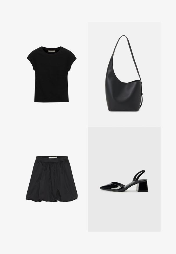 Sort t-shirt med korte ærmer lavet af blødt stof, med rund halsudskæring og en afslappet pasform, med en glat tekstur og uden mønstre.; Sort nederdel med samlet stof og elastisk talje, der har en glat tekstur og en afslappet, flared form.; Sorte patentlæder slingback hæle med spids tå og en geometrisk blok hæl. Har et elegant, minimalistisk design og en glat tekstur.; Sort læder hobo taske med en glat overflade, buet form og en enkelt justerbar rem; har en bred åbning øverst.