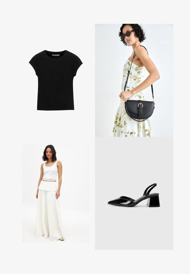 T-shirt nera a maniche corte realizzata in tessuto morbido, con scollatura rotonda e vestibilità comoda, caratterizzata da una texture liscia e senza pattern.; Top bianco abbinato a una gonna maxi bianca fluida. La gonna presenta una vita a strati piegata e una texture morbida e liscia.; Décolleté in vernice nera con punta affusolata e tacco in geometria cubica. Presentano un design elegante e minimalista, con una texture liscia.; Borsa a tracolla nera in pelle con una forma curva, manico rimovibile e accessori dorati. La borsa presenta una patta con un dettaglio a fibbia.