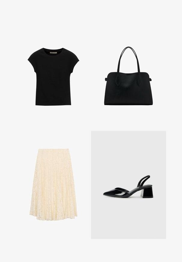 Black short-sleeve t-shirt made of soft fabric, featuring a round neckline and a relaxed fit, with a smooth texture and no patterns.; Cream lace midi skirt with a floral pattern, pleated design, and a smooth texture. Waistband is flat and the length falls below the knee.; Black patent leather slingback heels with a pointed toe and a geometric block heel. Features a sleek, minimal design and smooth texture.; Black leather handbag with dual shoulder straps, rectangular shape, and minimalistic design on a white background.
