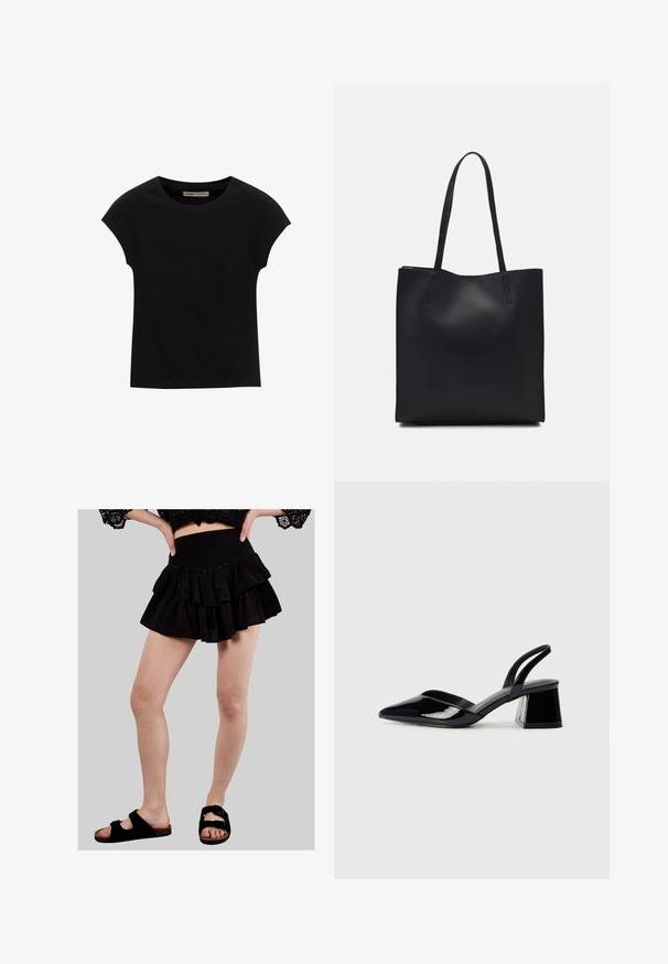 Schwarzes Kurzarm-T-Shirt aus weichem Stoff, mit Rundhalsausschnitt und lockerer Passform, glatter Textur und ohne Muster.; Schwarze, gestufte Rüschensrock mit einem gerafften Taillenbund, gefertigt aus einem leichten Stoff. Kombiniert mit schwarzen Sandalen, die über zwei verstellbare Riemen verfügen.; Schwarze Lackleder-Slingback-High Heels mit spitzem Schuh und einem geometrischen Blockabsatz. Verfügt über ein schlankes, minimalistisches Design und eine glatte Textur.; Schwarze Laptoptasche aus Leder mit glatter Textur, rechteckiger Form und zwei langen Griffen. Keine sichtbaren Beschläge oder Verzierungen.