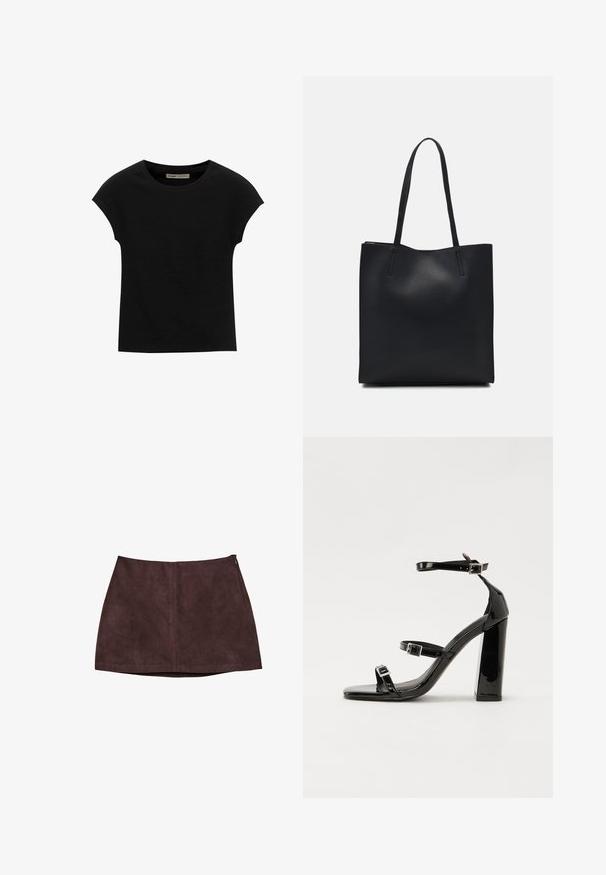 Mustat lyhythihaiset T-paidat, jotka on valmistettu pehmeästä kankaasta, pyöreä kaula-aukko ja rento istuvuus, sileä pinta eikä kuvioita.; Tummanruskea nubuk mini-hame, jossa on keskitikkaus ja sivuvetoketju, esillä valkoisella taustalla.; Musta kiiltävä korkokenkä sandaalit neliönmuotoisella varpaalla, nilkkaremmillä ja hopeisilla soljilla. Varustettu tukevalla lohkokorkealla vakauden takaamiseksi.; Mustapahkainen kangaskassi, jossa on sileä pinta, suorakaiteen muotoinen ja kaksi pitkää kahvaa. Ei näkyvää metalliosaa tai koristeita.