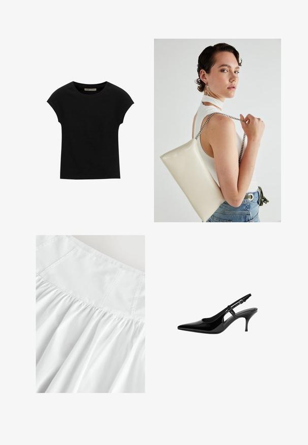Černé tričko s krátkým rukávem vyrobené z měkké tkaniny, s kulatým výstřihem a volným střihem, s hladkým povrchem a bez vzorů.; Bílá sukně s přiléhavým topem a nařasenou texturou. Vyrobená z lehkého materiálu, s jemnými švy a měkkým, splývavým střihem.; Černé lakované kožené lodičky typu slingback s špičatou špičkou, otevřenými bočními výřezy, štíhlým podpatkem a nastavitelným páskem kolem kotníku.; Bílá obdélníková psaníčko vyrobené z lesklého materiálu, se stříbrným řetízkovým popruhem. Modelka pózuje a předvádí tašku na jednobarevném pozadí.