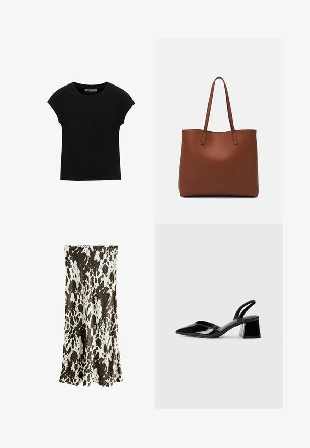 T-shirt nera a maniche corte realizzata in tessuto morbido, con scollatura rotonda e vestibilità comoda, caratterizzata da una texture liscia e senza pattern.; Gonna lunga realizzata in tessuto morbido, con motivo a macchie di mucca marroni e bianche, dal design fluido e orlo leggermente svasato.; Décolleté in vernice nera con punta affusolata e tacco in geometria cubica. Presentano un design elegante e minimalista, con una texture liscia.; Borsa tote in pelle marrone con texture liscia, design con apertura superiore e due spallacci. Presenta cuciture minime e nessun hardware visibile.