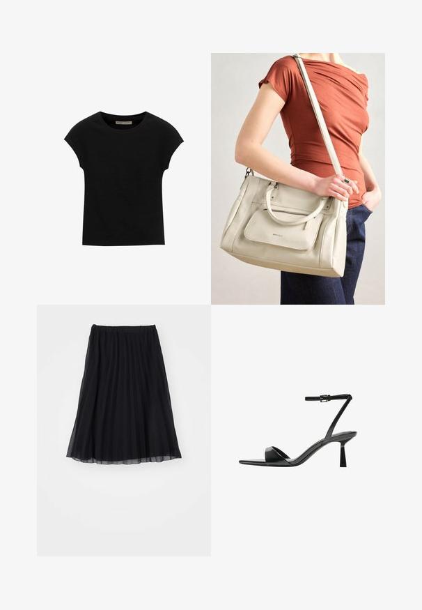 Čierne tričko s krátkym rukávom vyrobené z mäkkého materiálu, s okrúhlym výstrihom a voľným strihom, s hladkou textúrou a bez vzorov.; Čierna plisovaná sukňa vyrobená z priesvitnej tkaniny, s elastickým pásom. Plynulý dizajn siaha po stredný členok a ukazuje vertikálne záhyby.; Bershka Sandále na vysokom opätku - black; Biela kožená kabelka s dvojitými uchami a odnímateľným popruhom, obsahujúca prednú zipovú kapsu a hladkú textúru. Nesie sa na ramene osoby.