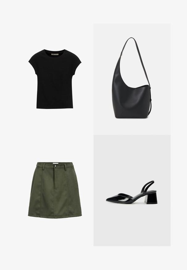 Schwarzes Kurzarm-T-Shirt aus weichem Stoff, mit Rundhalsausschnitt und lockerer Passform, glatter Textur und ohne Muster.; Dunkelgrünes Wildleder-Minikleid mit Gürtelschlaufen, vorderem Knopf und Nahtdetails.; Schwarze Lackleder-Slingback-High Heels mit spitzem Schuh und einem geometrischen Blockabsatz. Verfügt über ein schlankes, minimalistisches Design und eine glatte Textur.; Schwarze Leder-Hobo-Tasche mit einer glatten Textur, geschwungener Form und einem einzelnen verstellbaren Tragegurt; verfügt über eine weite Öffnung am oberen Ende.