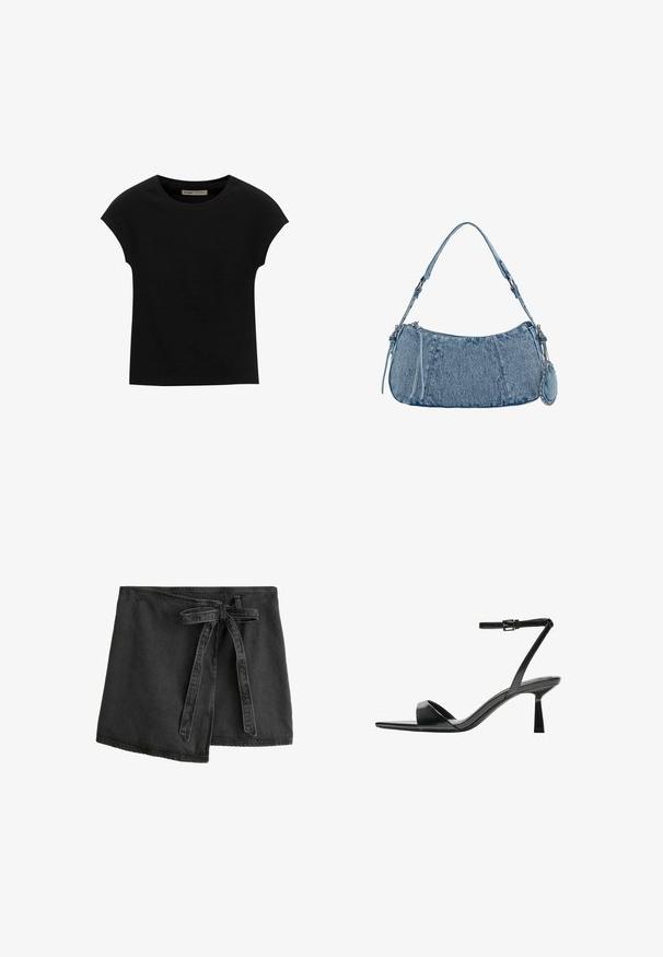 Tricou negru cu mânecă scurtă, confecționat dintr-un material moale, cu guler rotund și o croială lejeră, având o textură fină și fără modele.; Fustă din denim negru cu bretele legate, tiv asimetric și textură netedă. Prezintă detalii de cusătură pe marginile fustei.; Bershka Sandale cu toc - black; Geantă din denim cu o formă curbată, de culoare albastru deschis, curea de umăr ajustabilă și un mic pouch detașabil cu accente metalice.
