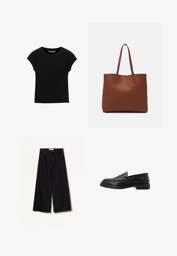 Svart kortärmad t-shirt i mjukt tyg med rund halsringning och avslappnad passform, med en jämn textur och utan mönster.; Bershka WIDE-LEG - Wide leg - black; Svart läderloafer med rund tå, framremsdetalj och platt gummisula. Slät textur med minimala sömnadsdetaljer.; Brun läder tote-väska med en slät textur, öppen toppdesign och två axelremmar. Har minimal söm och ingen synlig metalldetalj.