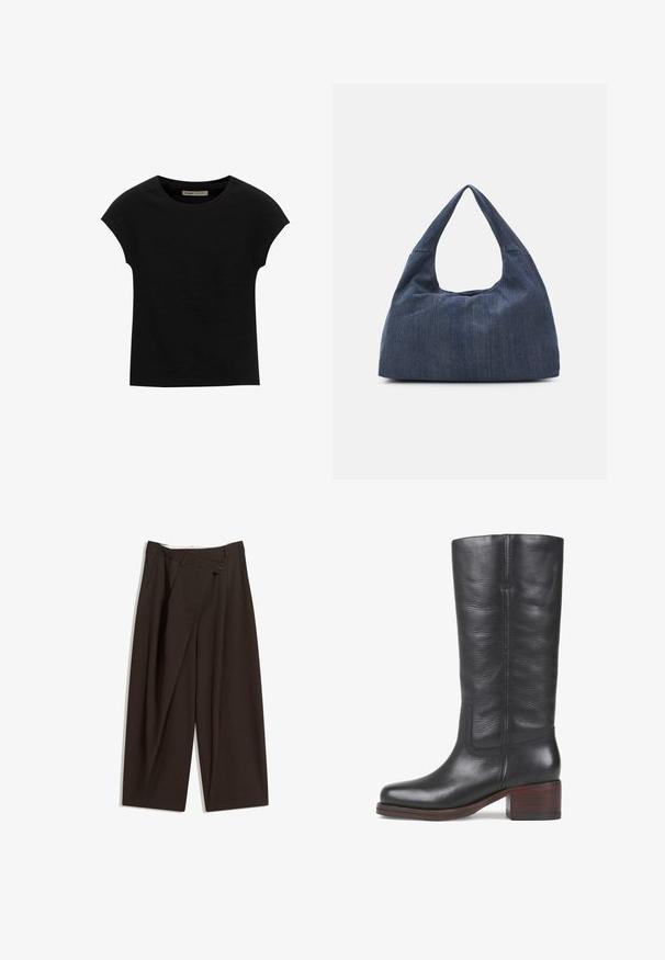 Tricou negru cu mânecă scurtă, confecționat dintr-un material moale, cu guler rotund și o croială lejeră, având o textură fină și fără modele.; Pantaloni largi de culoare maron închis, cu talie înaltă, având închiere cu un singur nasture și un față pliată. Confectionați dintr-un material ușor.; Botă din piele neagră, de tip knee-high, cu o textură netedă, vârf pătrat și toc din lemn compact. Prezintă cusături subtile și un design cu cusătura laterală.; Geantă din denim albastru închis, cu o formă moale și lejeră, având un mâner în stil hobo și o suprafață texturată. Fără accente de metal vizibile.
