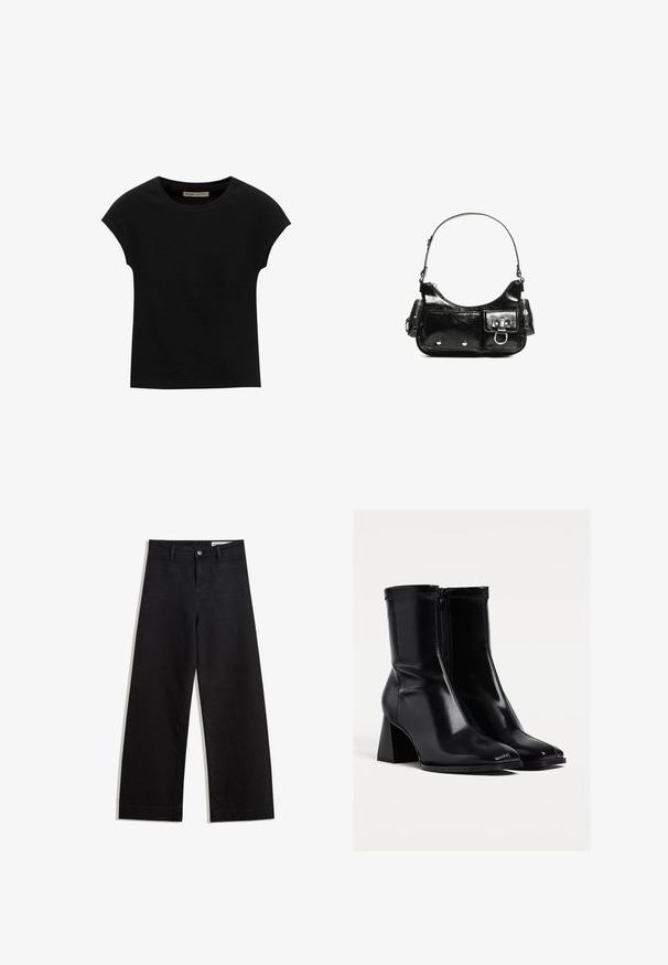 Čierne tričko s krátkym rukávom vyrobené z mäkkého materiálu, s okrúhlym výstrihom a voľným strihom, s hladkou textúrou a bez vzorov.; Čierne denimové nohavice s širokými nohavicami a vysokým pásom, so prednými a zadnými vreckami, šitými švami a zapínaním na gombík. Hladká textúra.; Čierne členkové topánky vyrobené z lesklej kože, s stredným blokovým podpätkom, zapínaním na zips a špicatým dizajnom. Hladký povrch s minimálnym prešitím.; Čierna laková kožená kabelka s ohnutým tvarom, jedným ramenným popruhom, prednými vreckami a striebornými kovovými doplnkami.