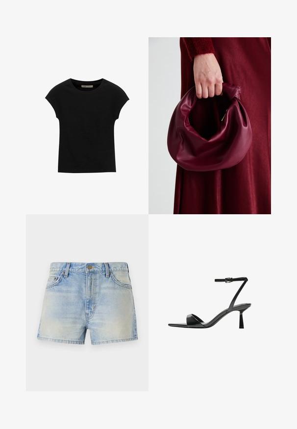 Fekete, rövid ujjú póló, puha anyagból, kerek nyakkivágással és laza szabással, sima felülettel és minták nélkül.; Világoskék farmer rövidnadrág magas derekú kialakítással, két elülső zsebbel és enyhe elhalványulással, amely viselt hatást kelt. Fém gombos záródás.; Bershka Magas sarkú szandálok - black; Burgundi bőrtáska puhán ráncolt dizájnnal és kerek alakban. A fogantyú rögzítve van, sima textúrával rendelkezik.