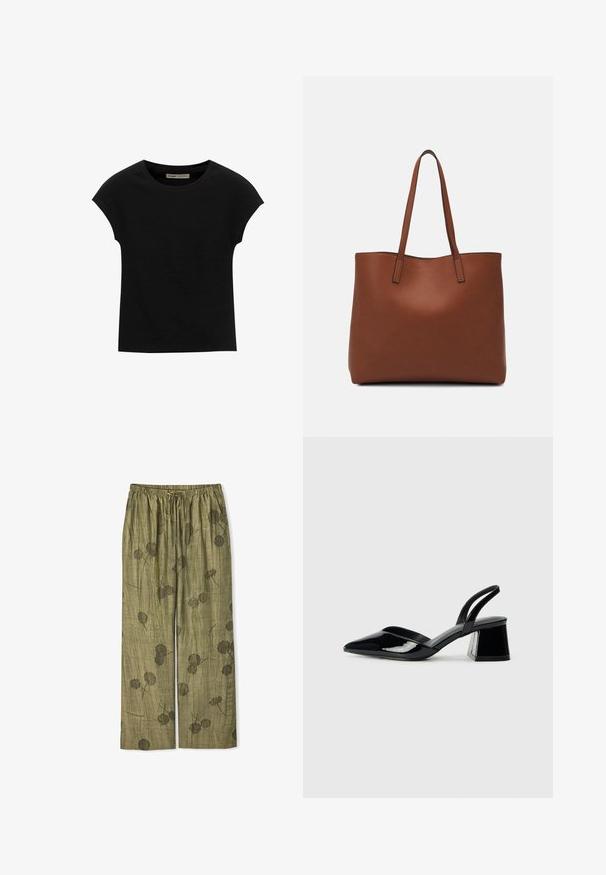 T-shirt nera a maniche corte realizzata in tessuto morbido, con scollatura rotonda e vestibilità comoda, caratterizzata da una texture liscia e senza pattern.; Pantaloni larghi verde in tessuto texturizzato, con un motivo floreale in tonalità di verde scuro e una vita con elastico e cordoncino.; Décolleté in vernice nera con punta affusolata e tacco in geometria cubica. Presentano un design elegante e minimalista, con una texture liscia.; Borsa tote in pelle marrone con texture liscia, design con apertura superiore e due spallacci. Presenta cuciture minime e nessun hardware visibile.