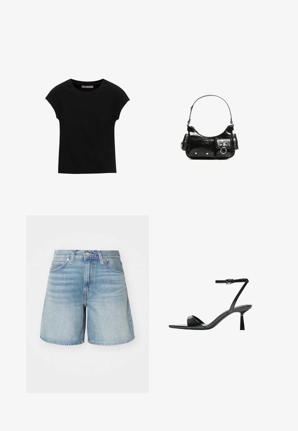 Čierne tričko s krátkym rukávom vyrobené z mäkkého materiálu, s okrúhlym výstrihom a voľným strihom, s hladkou textúrou a bez vzorov.; Svetlomodré denimb shorts s rovným strihom, piatimi vreckami, pútkami na opasok a mierne roztrhnutým okrajom. Klasická textúra a úprava jeansi.; Bershka Sandále na vysokom opätku - black; Čierna laková kožená kabelka s ohnutým tvarom, jedným ramenným popruhom, prednými vreckami a striebornými kovovými doplnkami.