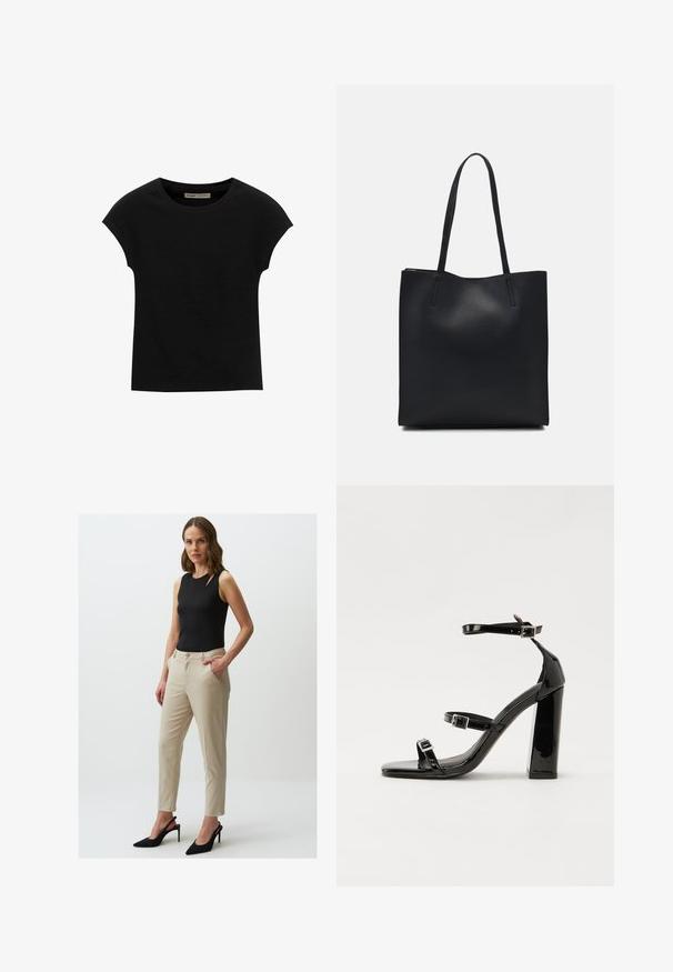 T-shirt noir à manches courtes en tissu doux, avec un col rond et une coupe décontractée, au toucher lisse et sans motifs.; Top noir sans manches avec une découpe sur l'épaule, associé à un pantalon beige fuselé avec poches avant et fermeture à bouton. Talons aiguilles noirs.; Sandales à talons vernies noires avec un bout carré, des sangles autour de la cheville et des boucles en argent. Dotées d'un talon bloc épais pour plus de stabilité.; Sac fourre-tout en cuir noir avec une texture lisse, de forme rectangulaire et deux longues poignées. Pas de matériel ou d'ornementations visibles.