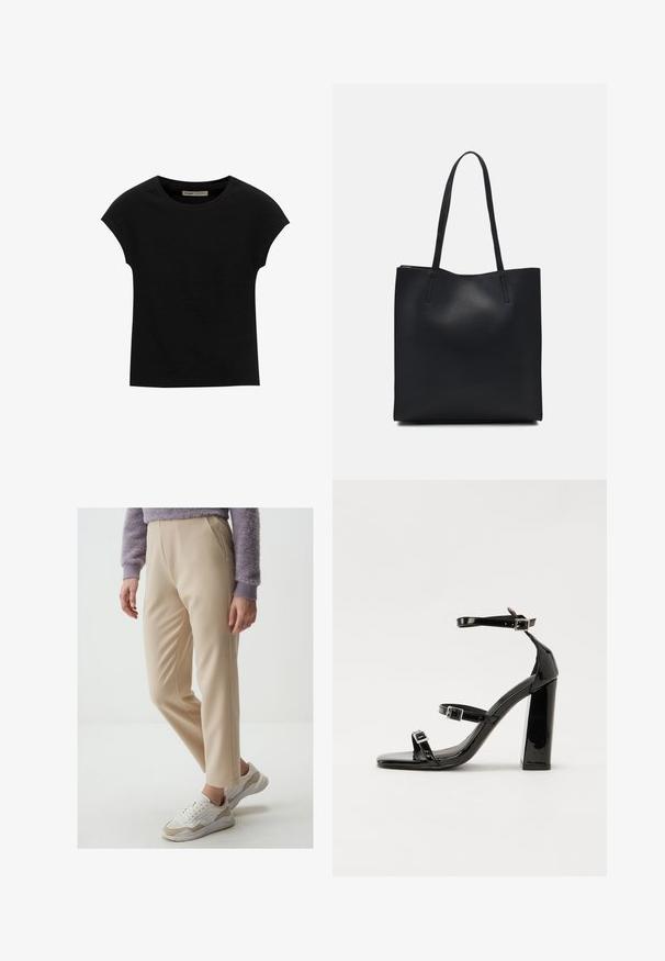 Zwarte korte mouwen t-shirt gemaakt van zachte stof, met een ronde halslijn en een ontspannen pasvorm, met een gladde textuur en zonder patronen.; Beige op maat gemaakte broek met een gladde textuur, voorzien van voorplooien en een slim fit. Gepaarde met wit en beige sneakers.; Zwarte gepatenteerde sandalen met hak en een vierkante neus, enkelbandjes en zilveren gespen. Heeft een stevige blokhak voor stabiliteit.; Zwarte leren handtas met een gladde textuur, rechthoekige vorm en twee lange handvaten. Geen zichtbare hardware of versieringen.