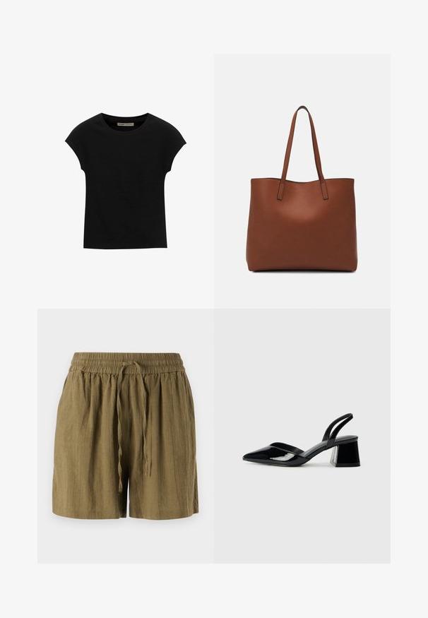 T-shirt nera a maniche corte realizzata in tessuto morbido, con scollatura rotonda e vestibilità comoda, caratterizzata da una texture liscia e senza pattern.; Shorts verde oliva da indossare, realizzati in tessuto leggero, con vita elasticizzata e cordino, dal taglio rilassato e comodo.; Décolleté in vernice nera con punta affusolata e tacco in geometria cubica. Presentano un design elegante e minimalista, con una texture liscia.; Borsa tote in pelle marrone con texture liscia, design con apertura superiore e due spallacci. Presenta cuciture minime e nessun hardware visibile.