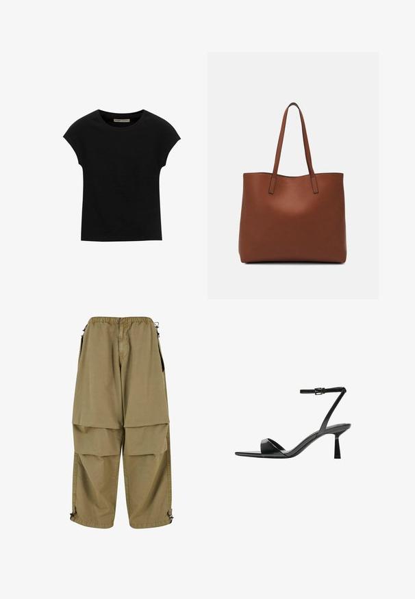 Zwarte korte mouwen t-shirt gemaakt van zachte stof, met een ronde halslijn en een ontspannen pasvorm, met een gladde textuur en zonder patronen.; Tan cargobroeken met een elastische taille, grote voorzakken en verstelbare manchetten. Gemaakt van lichtgewicht stof met een zachte textuur.; Bershka Sandalen met hoge hak - black; Bruine leren tote bag met een gladde textuur, een ontwerp met een open bovenkant en twee schouderbanden. Kenmerkt zich door minimale stiksels en geen zichtbare hardware.