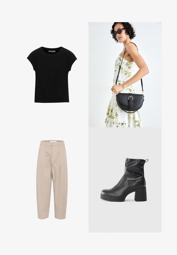 Fekete, rövid ujjú póló, puha anyagból, kerek nyakkivágással és laza szabással, sima felülettel és minták nélkül.; Beige színű pamut keverék nadrág, laza szabással, elülső redőkkel, derékpánttal és rövidre vágott bokákkal. Egyszerű dizájn, minta vagy díszítés nélkül.; Fekete bokacsizmák sima bőrből, oldalsó cipzárral, vastag, texturált sarkú és lekerekített orrú dizájnnal.; Fekete bőrtáska ívelt formával, levehető pánttal és arany színű fémrészekkel. A táskán egy csattal díszített fedél található.