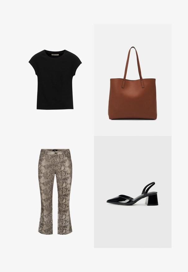Zwarte korte mouwen t-shirt gemaakt van zachte stof, met een ronde halslijn en een ontspannen pasvorm, met een gladde textuur en zonder patronen.; Slangenprint flare jeans in gedempt beige en bruintinten. Denim materiaal met een gestructureerd oppervlak. Standaard vijf-pocket ontwerp en ritssluiting aan de voorkant.; Zwarte gepatineerde leren slingback hakken met een spitse neus en een geometrische blokhak. Kenmerkt zich door een slank, minimalistisch ontwerp en een gladde textuur.; Bruine leren tote bag met een gladde textuur, een ontwerp met een open bovenkant en twee schouderbanden. Kenmerkt zich door minimale stiksels en geen zichtbare hardware.