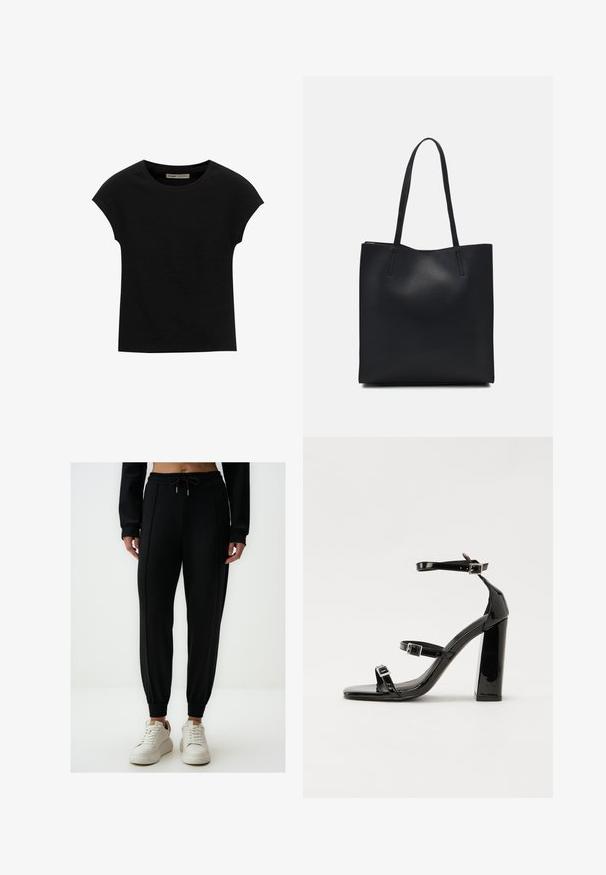 Schwarzes Kurzarm-T-Shirt aus weichem Stoff, mit Rundhalsausschnitt und lockerer Passform, glatter Textur und ohne Muster.; Schwarze sportliche Jogginghosen mit einem gerafften Bund, Kordelzug, elastischen Bündchen und doppelten Seitenpaneelen, aus glattem, dehnbarem Stoff gefertigt.; Schwarze patentierte Sandalen mit Absatz, quadratischer Spitze, Knöchelriemen und silbernen Schnallen. Mit einem stabilen Blockabsatz für mehr Stabilität.; Schwarze Laptoptasche aus Leder mit glatter Textur, rechteckiger Form und zwei langen Griffen. Keine sichtbaren Beschläge oder Verzierungen.
