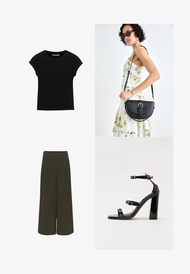 Zwarte korte mouwen t-shirt gemaakt van zachte stof, met een ronde halslijn en een ontspannen pasvorm, met een gladde textuur en zonder patronen.; Brede broekspijpen in donker olijfgroen. Gemaakt van een zachte stof, met een geplooide voorkant en zijzakken. Eenvoudig ontwerp van de tailleband.; Zwarte gepatenteerde sandalen met hak en een vierkante neus, enkelbandjes en zilveren gespen. Heeft een stevige blokhak voor stabiliteit.; Zwarte leren handtas met een gebogen vorm, afneembare schouderband en gouden hardware. De tas heeft een klep met een gespsluiting.