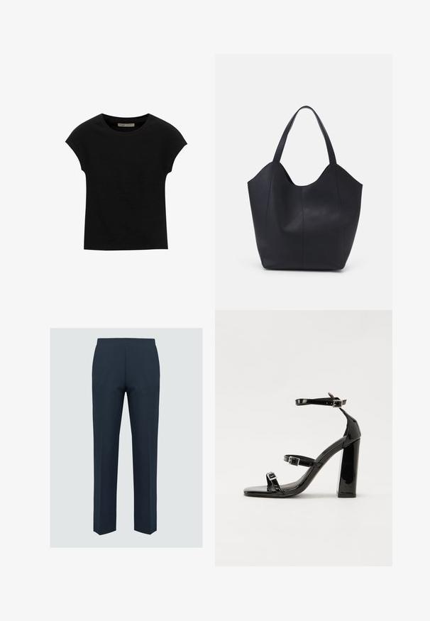 T-shirt nera a maniche corte realizzata in tessuto morbido, con scollatura rotonda e vestibilità comoda, caratterizzata da una texture liscia e senza pattern.; Pantaloni navy con un design a gamba dritta, realizzati in tessuto liscio, con una parte anteriore piatta e senza cuciture o tasche visibili.; Sandali con tacco in vernice nera, con punta squadrata, cinturini alla caviglia e fibbie in argento. Presentano un tacco a blocco spesso per maggiore stabilità.; Borsa tote nera realizzata in pelle liscia, con una parte superiore curva e aperta, dotata di due manici per spalla e un design minimalista.