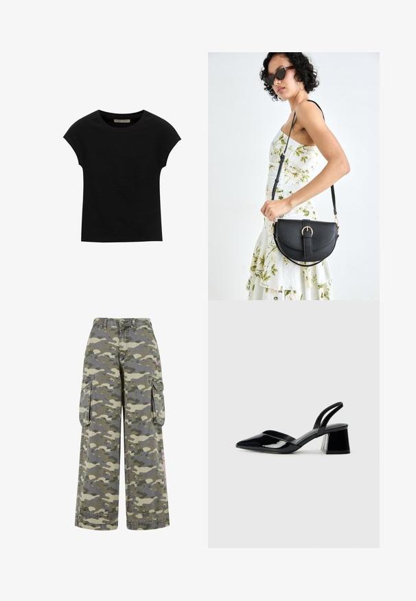 Schwarzes Kurzarm-T-Shirt aus weichem Stoff, mit Rundhalsausschnitt und lockerer Passform, glatter Textur und ohne Muster.; Cargo-Hosen in einem grün-beigen Camouflage-Muster, mit lockerem Schnitt, zwei Seitentaschen und einem rosa Akzent am Bein.; Schwarze Lackleder-Slingback-High Heels mit spitzem Schuh und einem geometrischen Blockabsatz. Verfügt über ein schlankes, minimalistisches Design und eine glatte Textur.; Schwarze Lederhandtasche mit geschwungener Form, abnehmbarem Tragegurt und goldenen Beschlägen. Die Tasche verfügt über einen Deckel mit einer Schnallen-Details.