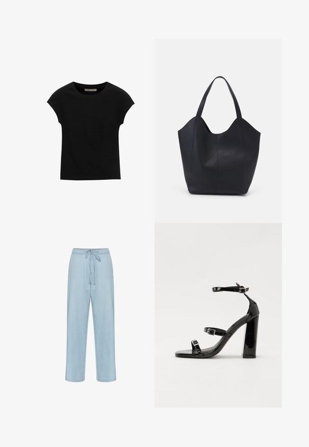 Černé tričko s krátkým rukávem vyrobené z měkké tkaniny, s kulatým výstřihem a volným střihem, s hladkým povrchem a bez vzorů.; Světle modré džínové kalhoty s páskem na stažení, rovné nohavice a minimální švy. Tkanina vypadá měkce a hladce.; Černé lakované sandály na podpatku se čtveratou špičkou, lýtkovými pásky a stříbrnými přezkami. Disponují masivním blokovým podpatkem pro stabilitu.; Černá taška přes rameno vyrobená z hladké kůže, s zakřiveným, otevřeným vrchem a dvěma ramenními popruhy, s minimalistickým designem.