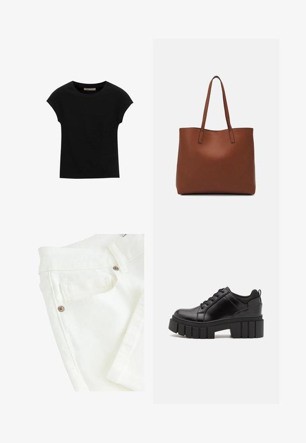 Fekete, rövid ujjú póló, puha anyagból, kerek nyakkivágással és laza szabással, sima felülettel és minták nélkül.; Fehér farmernadrág sima textúrával, dupla varrású derékkal, elülső zsebekkel és fémből készült kiegészítőkkel.; Fekete bőr platform cipők vaskos blokk sarkakkal, kerek orral és hagyományos fűzős kialakítással. Simára csiszolt felület és minimális részletezés jellemzi.; Barna bőr vászontáska sima textúrával, nyitott tetejű dizájnnal és két vállpánttal. Minimális varrással és látható hardver nélkül készült.