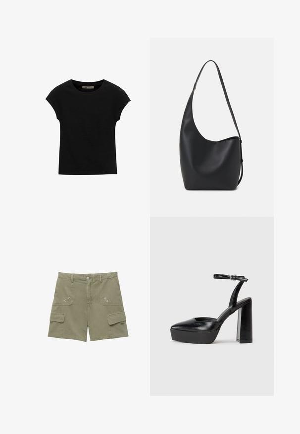 Črna kratka majica s kratkimi rokavi, narejena iz mehke tkanine, z okroglim izrezom in sproščenim krojem, z gladko teksturo in brez vzorcev.; Kargo kratke hlače v olivno zeleni bombažni tkanini z dvema sprednjima žepoma, enim stranskim žepom ter z zaklepanjem na kovinsko gumb. Gladka tekstura in prilegajoč kroj.; Črne platforme z visokimi petami in koničastim nosom ter nastavljivim gležnjenjskim trakom. Narejene iz gladke usnje, s kockasto peto.; Črna usnjena hobo torba z gladko teksturo, ukrivljeno obliko in eno nastavljivo naramnico; ima širok odprtina na vrhu.