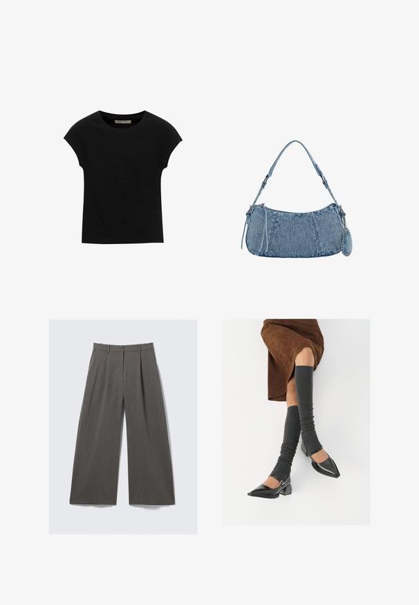 Zwarte korte mouwen t-shirt gemaakt van zachte stof, met een ronde halslijn en een ontspannen pasvorm, met een gladde textuur en zonder patronen.; Grijze pinstriped wijde broek met riemlussen en plooien, plat geëxposeerd tegen een witte achtergrond.; Zwarte gepatineerde leren pumps met een puntige neus, een blokhak en een enkelbandje, gecombineerd met grijze geribde beenwarmers en een bruine suède rok.; Denim handtas met een gebogen vorm, lichtblauwe kleur, verstelbare schouderriem en een kleine afneembare pouch met metallic accenten.