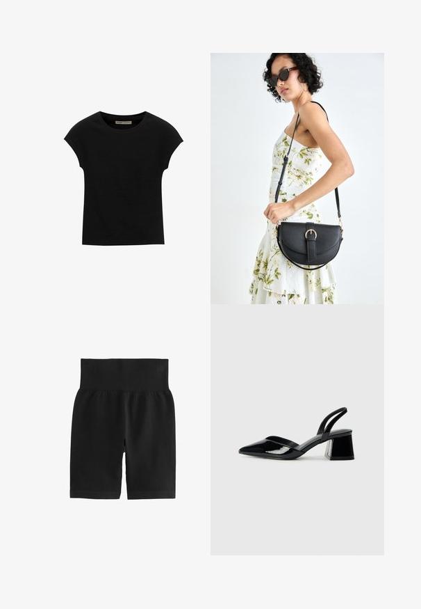 T-shirt nera a maniche corte realizzata in tessuto morbido, con scollatura rotonda e vestibilità comoda, caratterizzata da una texture liscia e senza pattern.; Shorts neri con coste, caratterizzati da una ampia vita elastica, una superficie liscia e un design aderente. Il materiale è elasticizzato per facilitare i movimenti.; Décolleté in vernice nera con punta affusolata e tacco in geometria cubica. Presentano un design elegante e minimalista, con una texture liscia.; Borsa a tracolla nera in pelle con una forma curva, manico rimovibile e accessori dorati. La borsa presenta una patta con un dettaglio a fibbia.