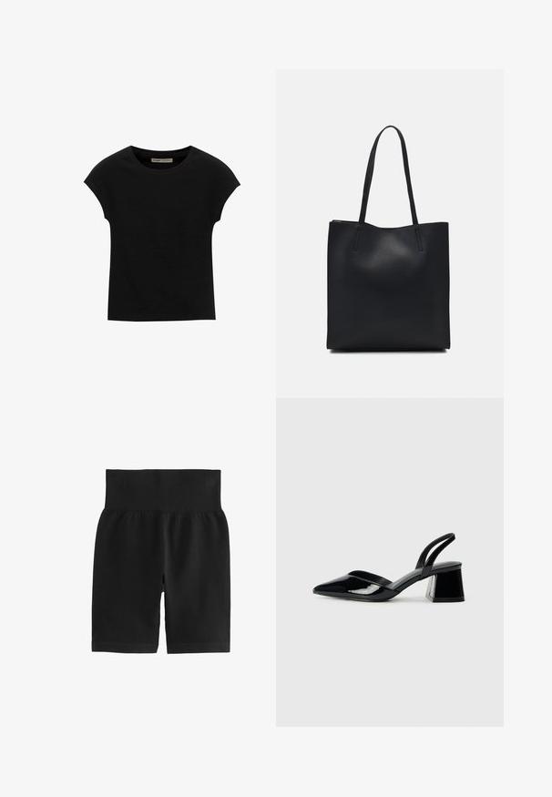 Černé tričko s krátkým rukávem vyrobené z měkké tkaniny, s kulatým výstřihem a volným střihem, s hladkým povrchem a bez vzorů.; Černé žebrované šortky s širokým elastickým pasem, hladkým materiálem a přiléhavým střihem. Materiál je elastický pro snadný pohyb.; Černé lakované kožené lodičky na pásku s špičatou špičkou a geometrickým blokovým podpatkem. Vyznačují se elegantním, minimalistickým designem a hladkým povrchem.; Černá kožená taška přes rameno s hladkým povrchem, obdélníkovým tvarem a dvěma dlouhými uchy. Žádné viditelné kování ani ozdoby.