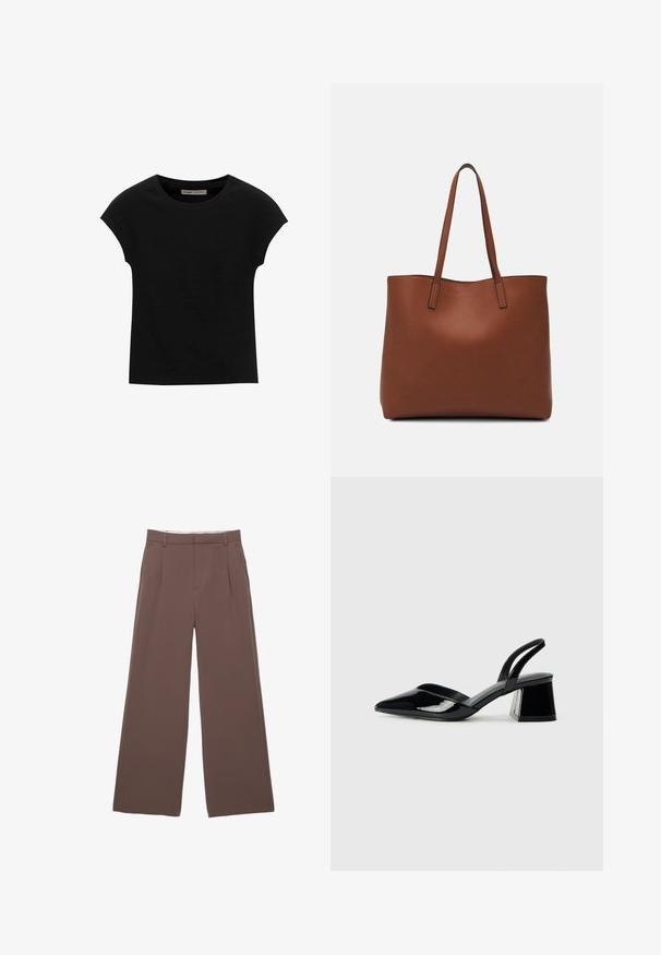 Sort t-shirt med korte ærmer lavet af blødt stof, med rund halsudskæring og en afslappet pasform, med en glat tekstur og uden mønstre.; Breddebukser i en ensfarvet brun stof, med en glat tekstur, frontfald og en skræddersyet talje. Ingen synlige logoer eller mønstre.; Sorte patentlæder slingback hæle med spids tå og en geometrisk blok hæl. Har et elegant, minimalistisk design og en glat tekstur.; Brun læder tote taske med en glat overflade, åben topdesign og to skulderremme. Har minimal syning og ingen synlig hardware.