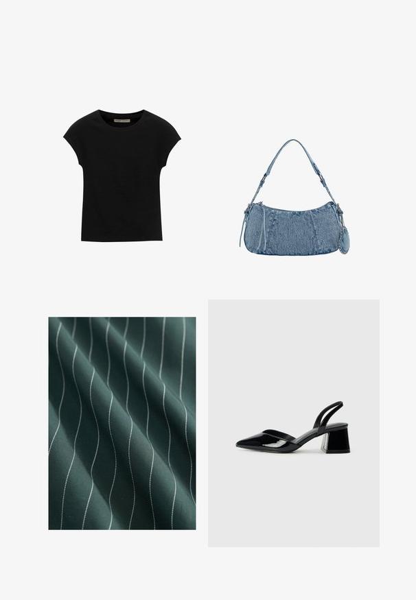 Schwarzes Kurzarm-T-Shirt aus weichem Stoff, mit Rundhalsausschnitt und lockerer Passform, glatter Textur und ohne Muster.; Dunkelgrüner Stoff mit glatter Textur, der weiße wellenförmige Streifen aufweist, die vertikal verlaufen und ein dezentes Muster bilden.; Schwarze Lackleder-Slingback-High Heels mit spitzem Schuh und einem geometrischen Blockabsatz. Verfügt über ein schlankes, minimalistisches Design und eine glatte Textur.; Denim-Handtasche mit geschwungener Form, hellblauer Farbe, verstellbarem Schultergurt und einem kleinen abnehmbaren Täschchen mit metallischen Akzenten.