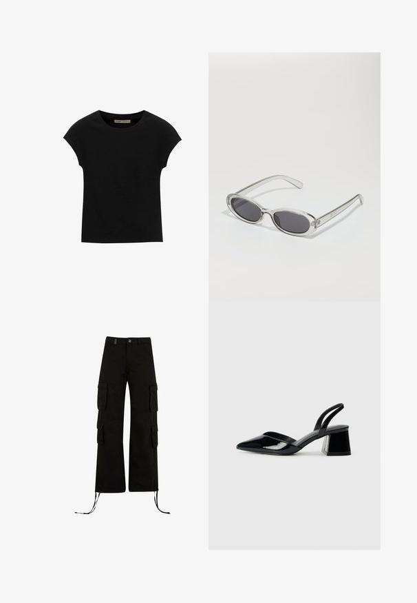 Crna majica s kratkim rukavima od mekog materijala, s okruglim izrezom i opuštenim krojem, s glatkom teksturom i bez uzoraka.; Crne cargo hlače s opuštenim krojem, s cargo džepovima sa strane, rubovima na vezanje i kopčanjem na dugme u struku.; Crne lakirane kožne sandale s otvorenom petom i špicastim vrhom, s geometrijskom blok petom. Imaju elegantan, minimalistički dizajn i glatku teksturu.; Naočale u ovalnom obliku, okvir od prozirne plastike, tamno sivi leće i tanke prozirne ručke s logotipom i minimalnim detaljima.; Smeđa kožna torba preko ramena s glatkom teksturom, otvorenim vrhom i dvjema naramenicama. Ima minimalne šavove i nema vidljivog hardvera.