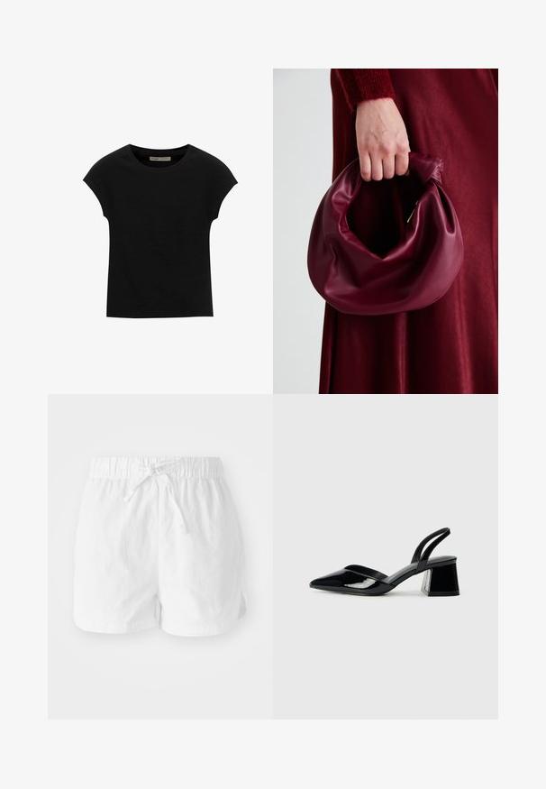 Fekete, rövid ujjú póló, puha anyagból, kerek nyakkivágással és laza szabással, sima felülettel és minták nélkül.; Fehér pamut rövidnadrág rugalmas derékkal és állítható zsinórral. Oldalsó hasítékokkal a mozgékonyság érdekében és laza illeszkedéssel.; Fekete lakk bőr szandálkés magas sarkú cipő, hegyes orral és geometrikus tömbsarkakkal. Karcsú, minimalista dizájn és sima textúra jellemzi.; Burgundi bőrtáska puhán ráncolt dizájnnal és kerek alakban. A fogantyú rögzítve van, sima textúrával rendelkezik.