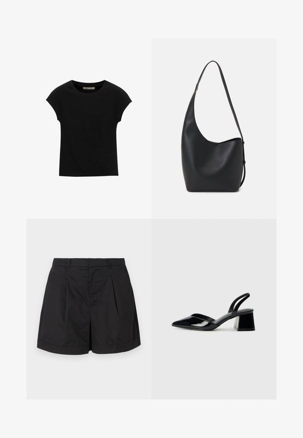 Črna kratka majica s kratkimi rokavi, narejena iz mehke tkanine, z okroglim izrezom in sproščenim krojem, z gladko teksturo in brez vzorcev.; Črne kratke hlače iz lahkotnega, gladkega materiala. Imajo naborke spredaj, elegantno silhueto in zavihan rob na dnu.; Črne lakirane slingback pete s koničastim nosom in geometrijsko blokasto peto. Imajo eleganten, minimalističen dizajn in gladko teksturo.; Črna usnjena hobo torba z gladko teksturo, ukrivljeno obliko in eno nastavljivo naramnico; ima širok odprtina na vrhu.