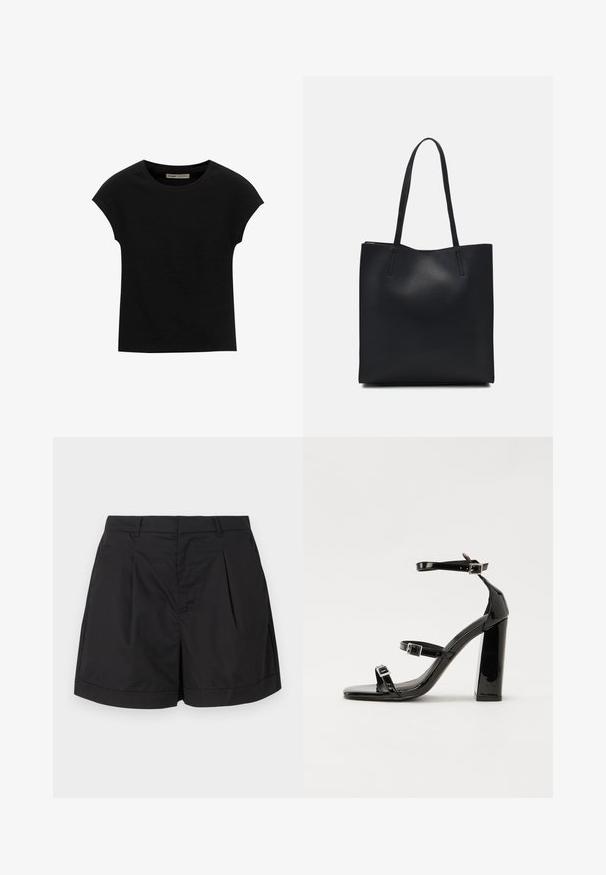 T-shirt noir à manches courtes en tissu doux, avec un col rond et une coupe décontractée, au toucher lisse et sans motifs.; Shorts noirs en tissu léger et lisse. Ils présentent des plis à l'avant, une silhouette ajustée et un ourlet à revers.; Sandales à talons vernies noires avec un bout carré, des sangles autour de la cheville et des boucles en argent. Dotées d'un talon bloc épais pour plus de stabilité.; Sac fourre-tout en cuir noir avec une texture lisse, de forme rectangulaire et deux longues poignées. Pas de matériel ou d'ornementations visibles.