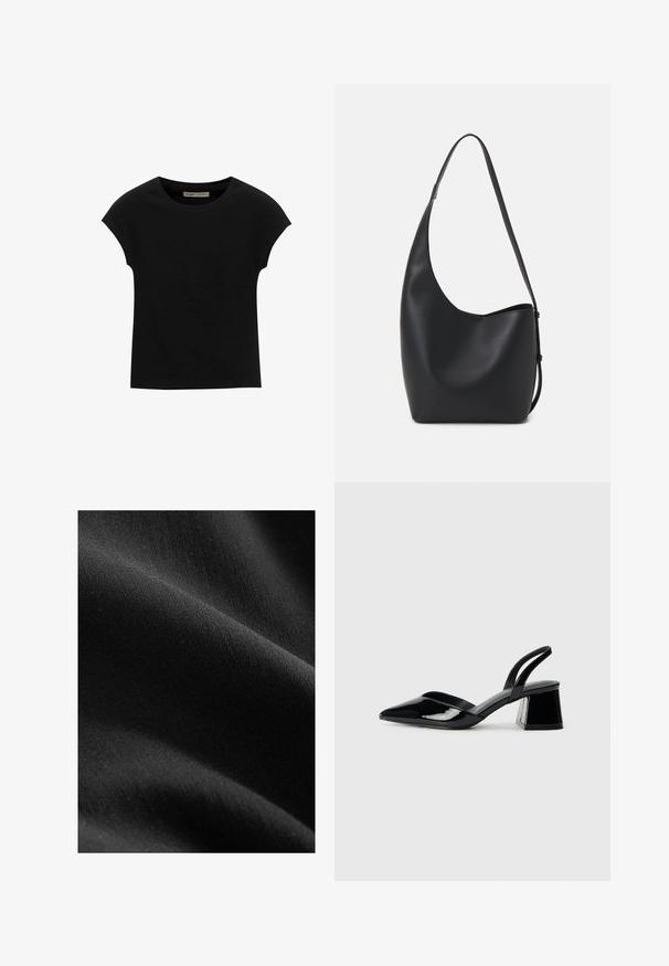 Mustat lyhythihaiset T-paidat, jotka on valmistettu pehmeästä kankaasta, pyöreä kaula-aukko ja rento istuvuus, sileä pinta eikä kuvioita.; Musta kangas, jossa on sileä, matta pinta, osoittaa hienovaraisia sävy- ja kuituvariatioita, ja se on taitettu paljastaen pehmeitä kaaria ja syvyyttä.; Mustat patentoitu nahkakengät, joissa on säären takaosa ja terävä kärki, sekä geometrinen palikkakorko. Sisältää tyylikkään, minimalistisen muotoilun ja sileän pinnan.; Musta nahkainen hobo-laukku, jossa on sileä pinta, kaareva muoto ja yksi säädettävä olkahihna; sisäänkäynti on leveä ylhäältä.