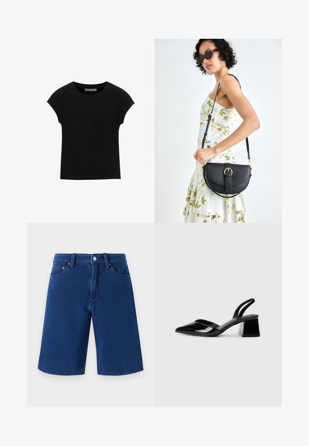Črna kratka majica s kratkimi rokavi, narejena iz mehke tkanine, z okroglim izrezom in sproščenim krojem, z gladko teksturo in brez vzorcev.; Modri jeansi kratke hlače s ravnim krojem, zasnovo s petimi žepi ter vidnim pasom, ki ima kovinsko gumb in zanke za pas.; Črne lakirane slingback pete s koničastim nosom in geometrijsko blokasto peto. Imajo eleganten, minimalističen dizajn in gladko teksturo.; Črna usnjena torbica s ukrivljeno obliko, z odstranljivo naramnico in zlatimi dodatki. Torbica ima pokrov s podrobnostmi v obliki zaponke.