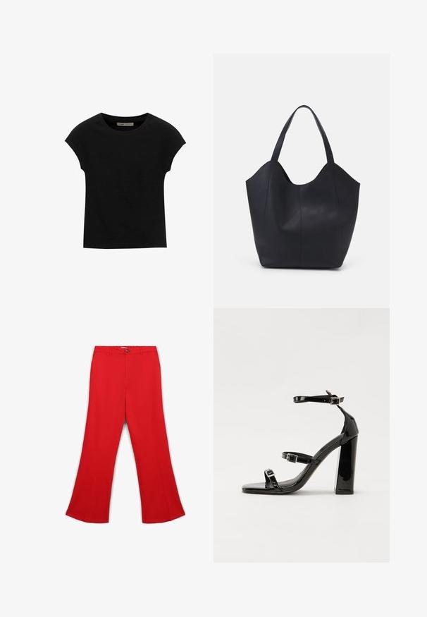 T-shirt noir à manches courtes en tissu doux, avec un col rond et une coupe décontractée, au toucher lisse et sans motifs.; Pantalons évasés rouges en tissu lisse. Avec une fermeture à bouton à l'avant et des passants de ceinture. Coutures sur les jambes.; Sandales à talons vernies noires avec un bout carré, des sangles autour de la cheville et des boucles en argent. Dotées d'un talon bloc épais pour plus de stabilité.; Sac fourre-tout noir en cuir lisse, doté d'un haut ouvert et courbé avec deux brides d'épaule et un design minimaliste.