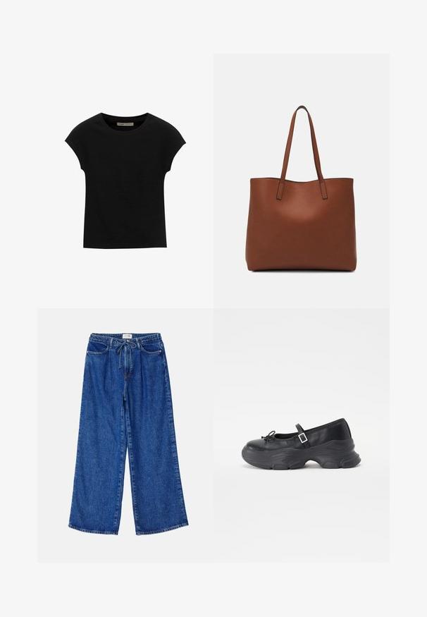 Mustat lyhythihaiset T-paidat, jotka on valmistettu pehmeästä kankaasta, pyöreä kaula-aukko ja rento istuvuus, sileä pinta eikä kuvioita.; Siniset leveälahkeiset farkut, joissa on joustava vyötärönyöri, kaksi etutaskua ja löysä istuvuus.; Musta nahkainen Mary Jane -kenkä pyöreällä varvalla, jossa on nauhakoriste ja säädettävä nilkkahihna. Varustettu paksulla kumipohjalla, jossa on kaarevat yksityiskohdat.; Ruskea nahkainen olkalaukku, jossa on sileä pinta, avoin yläosa ja kaksi olkahihnaa. Omaavat vain minimaalisen ompelun eikä näkyvää metalliosaa.