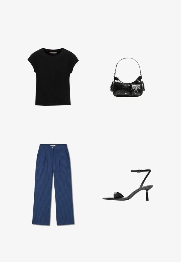 Schwarzes Kurzarm-T-Shirt aus weichem Stoff, mit Rundhalsausschnitt und lockerer Passform, glatter Textur und ohne Muster.; Thinking Mu MANOLITA - Stoffhose - blue; Bershka High Heel Sandalette - black; Schwarze Lackleder-Handtasche mit geschwungenem Design, einem Schulterriemen, Vordertaschen und silberfarbenen Hardware-Akzenten.